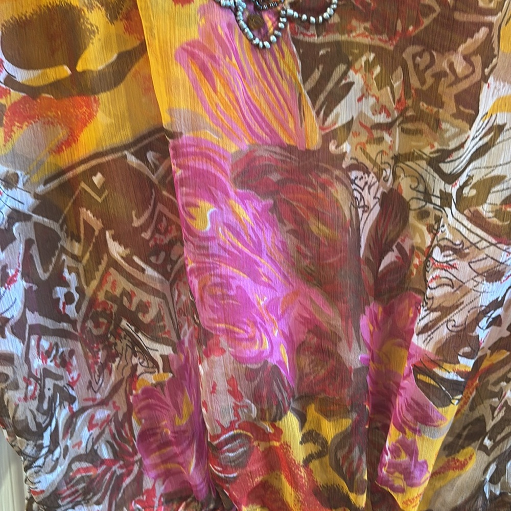 Sheer Floral Sequin-Trim Swim Coverup - Pink & Mustard - Picture 5 of 7